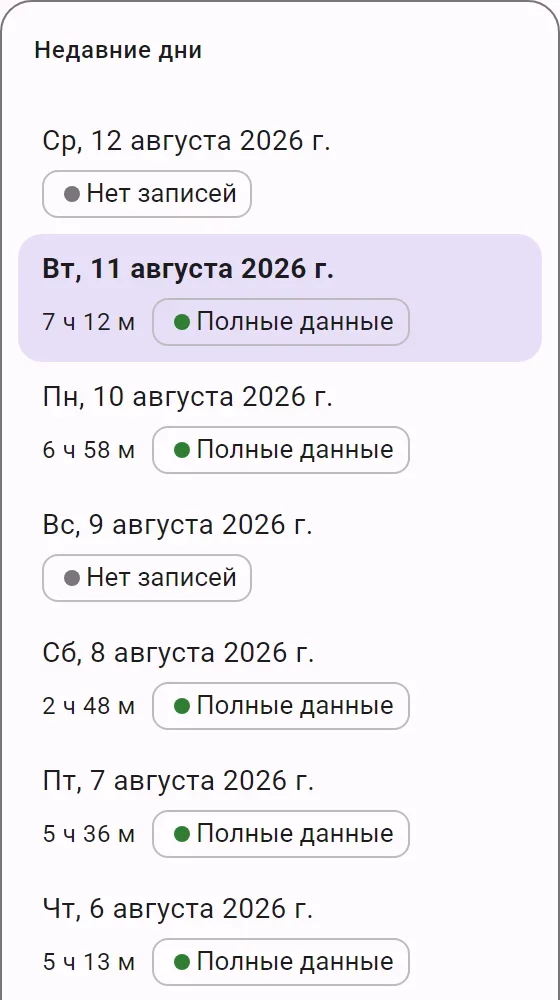 Фактическое время по дням в интерфейсе DevPace